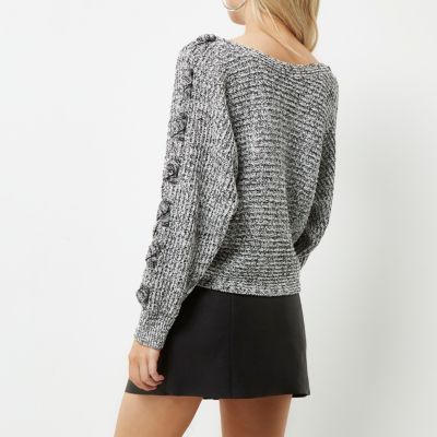 Petite grey cross stitch sleeve knit jumper
